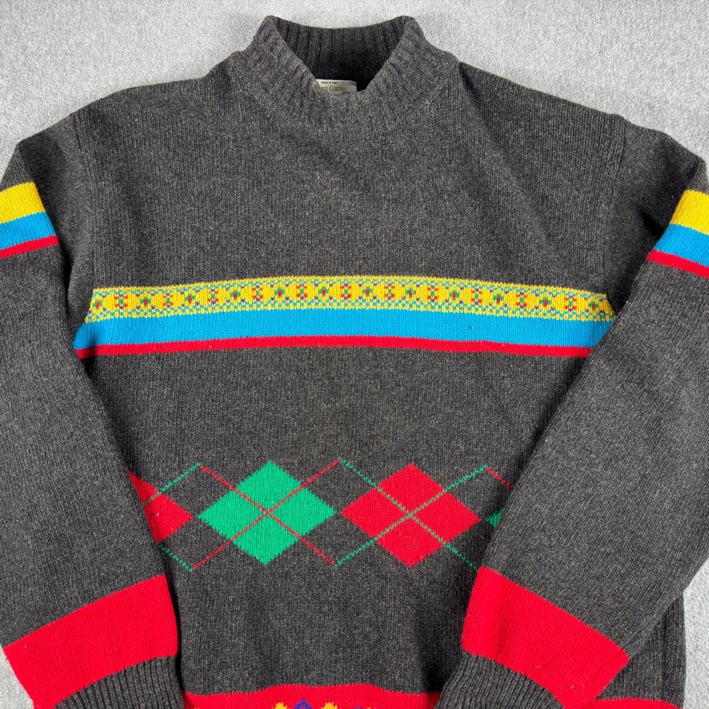 Vintage United Colors Benetton Mens XL Wool Blend Argyle Sweater Italy Gray